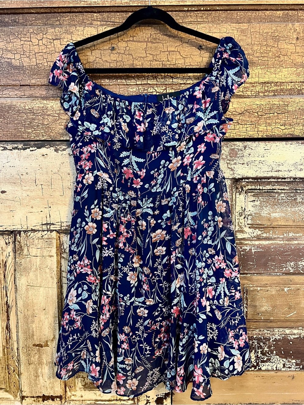 Lulus Navy Floral Mini Dress | Smocked Flutter Sleeve | Size M